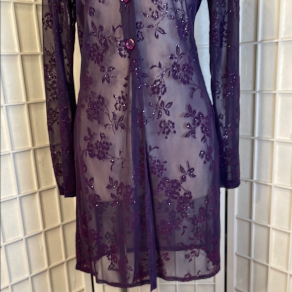 Deep Purple Sheer Lace V-Neck Long Blouse - Picture 10 of 15